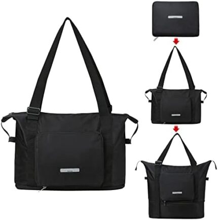 Hanke Expandable Foldable Travel Duffel Bag Collapsible Carry On Bag with Luggage Strap for Airplanes, Water Resistant Weekender Overnight Bag Fits 15.6'' Laptop for Men Women, Black