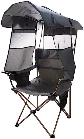 Huskfirm Camping Chair with Canopy Shade,Portable Folding Chair with UPF 50+ Sun Shade,Cup Holder,Side Pocket,Soccer Chair Adults for Camp,Beach,Outdoor Sports-Support 330 LBS Grey