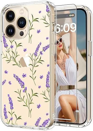 ICEDIO for iPhone 15 Pro Case with Screen Protector-Clear with Fashionable Trendy Patterns-Designed for Girls Women-Slim Fit Cover-Protective Phone Case 6.1" Purple Lavender Floral