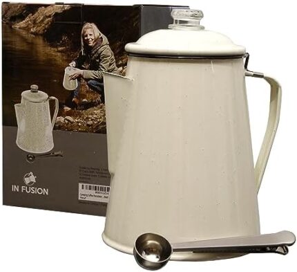 IN FUSION Camping Boiler Enamel Coating And Glass Cap For Backpacking, Campsite, Kitchen, Over Stove And Pot Makes 12 Cups Comes With Stainless Steel Spoon (Beige)