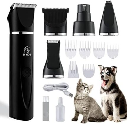 IVVIQQ Dog Grooming Kit, 4 in 1 Pet Clippers 7000 RPM Titanium Blades Low Noise 800 mAh Rechargeable Cordless Electric Quiet Hair Clippers Set for Dogs Cats Pets