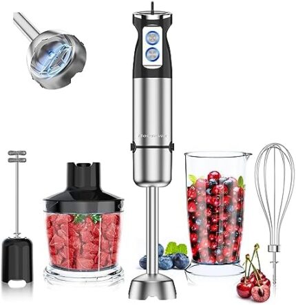Immersion Blender 800W, 5 in 1 Hand Blender, 24 Speed and Turbo Mode Immersion Blender Handheld, Stick Blender Stainless Steel Blade with Mixing Beaker, Chopper, Whisk and Milk Frother