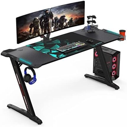 It's_Organized Gaming Desk 60 inch,Racing Style Gaming Computer Desk with RGB LED Lights,Z Shaped Professional Gamer Workstation with Mouse Pad,Handle Rack,Cup Holder,Headphone Hook,Black