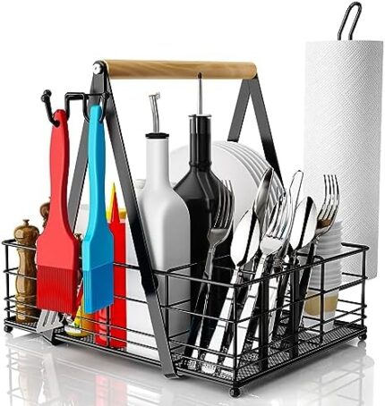 JBBTOOL Grill Caddy with Paper Towel Holder, BBQ Camping Caddy for Plates and Utensils with Tall Bottle Storage, Sturdy Thick Adjustable Compartment, Quick Assemble Outdoor Kitchen Camping Accessories