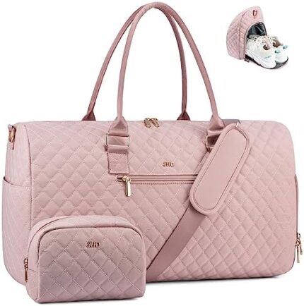 JFFD Weekender Bag for Women, Quilted Travel Duffle Bag with Toiletry Bag,Carry on Overnight Bag with Shoe Compartment, Gym Duffel Bag with Wet Pocket, Mommy Hospital Bags for Labor and Delivery