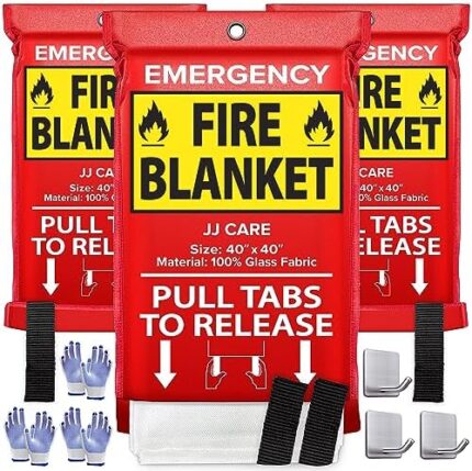 JJ CARE Fire Blanket – 3 Packs with Hooks and Gloves – Emergency Fire Blanket for Home & Kitchen, High Heat Resistant Fire Suppression Blankets for Home Safety, Kitchen, and Camping
