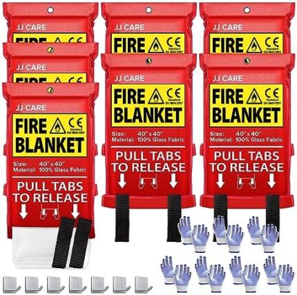 JJ CARE Fire Blanket – 7 Packs with Hooks and Gloves – Emergency Fire Blanket for Home & Kitchen, High Heat Resistant Fire Suppression Blankets for Home Safety, Kitchen, and Camping