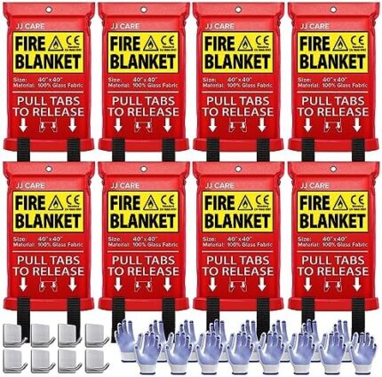 JJ CARE Fire Blanket – 8 Packs with Hooks and Gloves – Emergency Fire Blanket for Home & Kitchen, High Heat Resistant Fire Suppression Blankets for Home Safety, Kitchen, and Camping