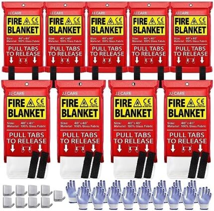 JJ CARE Fire Blanket – 9 Packs with Hooks and Gloves – Emergency Fire Blanket for Home & Kitchen, High Heat Resistant Fire Suppression Blankets for Home Safety, Kitchen, and Camping
