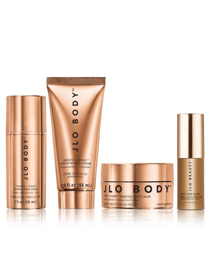 JLO BEAUTY The Body Mini Trio | Includes Booty Balm, Body Serum, Body Cream & Complexion Booster | Brightens, & Firms for Smooth Skin