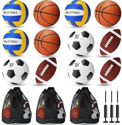 Jenaai 12 Pcs Sport Balls Set Athletic Balls Set of Balls Including Basketball Football Volleyball Soccer Ball in Official Size with 3 Pcs Equipment Bags and 3 Pcs Pumps Kit for Indoor Outdoor Play