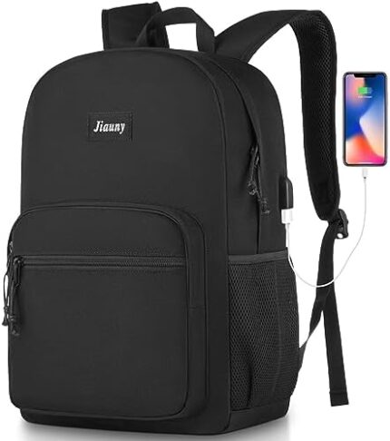 Jiauny School Backpack,Lightweight Bookbag Classic Scoolbag Laptop Backpack with USB Charging Port for High School Teens College Students Work Office Adult,Black