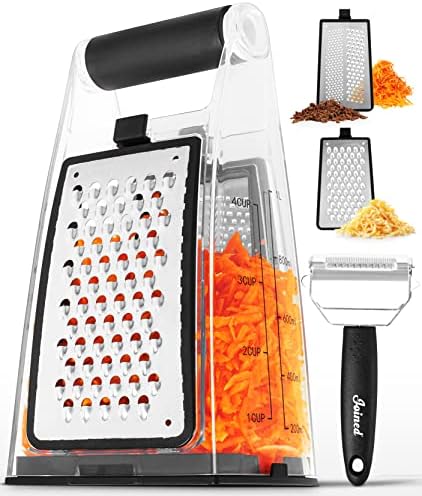 Joined Cheese Grater with Container - Box Grater Cheese Shredder Lemon Zester Grater - Cheese Grater with Handle - Graters for Kitchen Stainless Steel Food Grater - Hand Grater and Vegetable Peeler