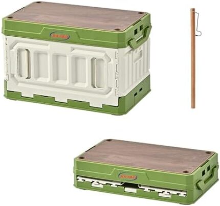 Joytwo 65L Collapsible Camping Storage Box, Camp Kitchen Box with Light Stand Silicone Pad, Multifunction Stackable Outdoor Camping Storage Bins for Car Home Storage (White green)