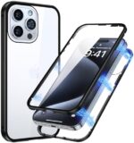 Juntone Magnetic Case for iPhone 15 Pro Max Case, Metal Bumper Magnetic Adsorption Double-Sided 9H Screen Protector Clear Back for iPhone Cases Cover 6.7 inch - Black