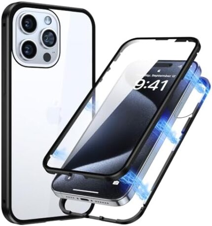 Juntone Magnetic Case for iPhone 15 Pro Max Case, Metal Bumper Magnetic Adsorption Double-Sided 9H Screen Protector Clear Back for iPhone Cases Cover 6.7 inch - Black