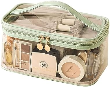 KAWABOM Clear Cosmetic Bag Makeup Bag, Waterproof Travel Toiletry Bag, Clear PVC with Zipper Handle Portable Travel Luggage Pouch Airport Airline Vacation Organization(Green)