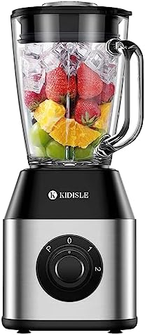 KIDISLE Professional Blenders, 1200W Powerful Smoothie Blender, 52oz Glass Jar for Shakes and Smoothies, Ice Crush, Frozen Fruit, Stainless Steel & Sliver