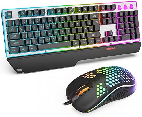 KOLMAX Gaming Keyboard and Mouse Combo,Rainbow Backlit Mechanical Feeling 104 KOLMAX Gaming Keyboard and Mouse Combo,Rainbow Backlit Mechanical Feeling 104 Keys Keyboard with Ergonomic Detachable Wrist Rest,Aluminum Panel Keyboard 3600DPI Gaming Mouse for PC Mac Office/Gaming