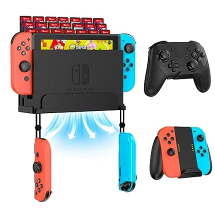 KUNSLUCK Wall Mount for Nintendo Switch/ Switch OLED with 2 Controller Wall Mount and 28 Game Card Holders, Safely Store Your Switch Console Near or Behind Your TV (Black)