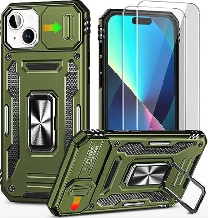 KUXNGUYI for iPhone 15 Phone Case [with 2 Pack Tempered Glass Screen Protector] Slide Camera Cover Built-in 360°Rotate Ring Stand Magnetic Car Mount Case for Apple iPhone15 6.1" iPhone15case