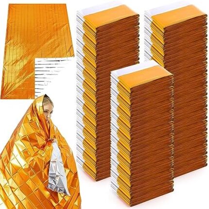 Kanayu 100 Pcs Emergency Blankets for Survival Bulk 82"x 51" Waterproof Thermal Space Blanket Mylar Blankets Lightweight Survival Blankets Heavy Duty Camping Gear First Aid Outdoors Kit Travel Orange