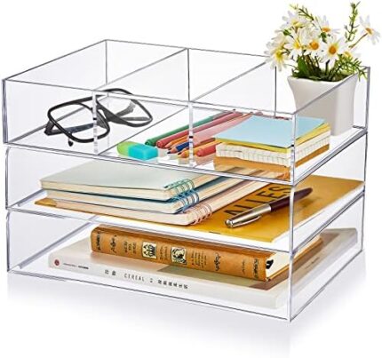 Kathfly Acrylic Desk Accessories 3 Tier Clear Desk Organizer Stackable Paper Letter File Tray Desk Supplies for Office Workspace Classroom Supplies(3 Compartments)