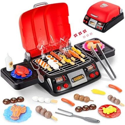 Kids Grill Playset Kitchen Pretend Play Set for Kids BBQ Grill Playset Pretend Play Food Grill with 15 Pcs Fake Food Accessories Toys Cooking Pretend BBQ Accessories Camping Toys for Teens Girls Boys