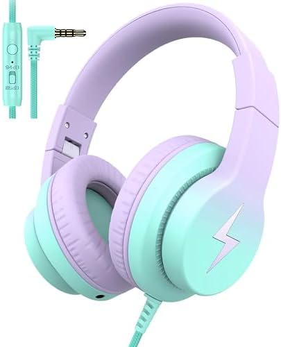 Kids Headphones, Wired Headphones for Kids Over Ear with Microphone, 85/94dB Volume Limiter Headphones for Girls Boys with Sharing Jack, Foldable Headphones for Online Study, Gradient Purple