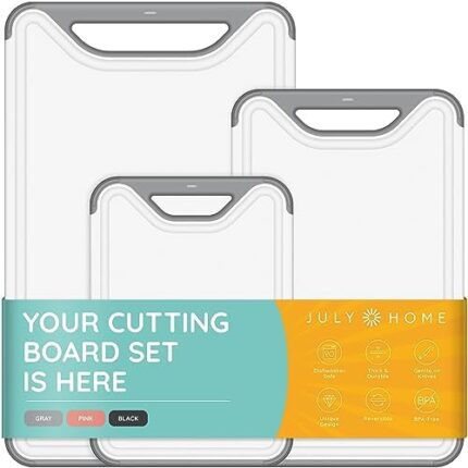 Kitchen Plastic Cutting Board Set of 3, Dishwasher Safe Cutting Boards with Juice Grooves, Thick Chopping Boards for Meat, Veggies, Fruits, Easy Grip Handle, Non-Slip (Gray)