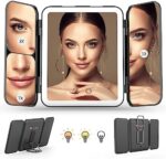 Kostlich Travel Trifold Vanity Mirror with 3 Color Lights, Rechargeable 1X/3X/7X Magnifying Mirror, Portable Light Up Makeup Mirror