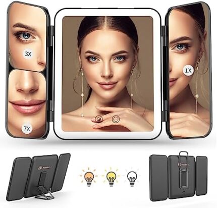Kostlich Travel Trifold Vanity Mirror with 3 Color Lights, Rechargeable 1X/3X/7X Magnifying Mirror, Portable Light Up Makeup Mirror