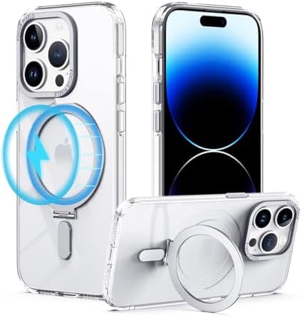 KumWum Phone Case for iPhone 15 Pro Max Case with Magnetic Stand Compatible with MagSafe Wireless Charger & Magnetic Car Mount Holder Slim Translucent Matte Back Cover for 6.7 Inch - Clear