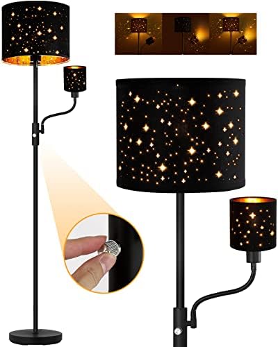 LED Modern Standing Floor Lamps with Reading Lamp, 2700K Brightness, 3-Way Switch, Black Cutout Fabric Lampshade for Bedroom, Office, Living / Dining Room, LED Bulbs Included