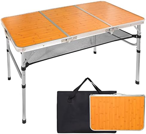 LJMBOEN Folding Camping Table,48"x24" 4FT Adjustable Height Aluminum Portable Picnic LJMBOEN Folding Camping Table,48"x24" 4FT Adjustable Height Aluminum Portable Picnic Table,3 Fold Lightweight Outdoor Table with Mesh Bag & Carrying Bag for Indoor Travel Beach and Party
