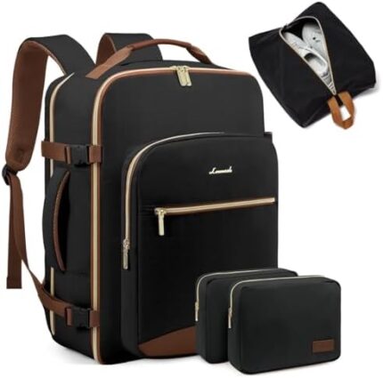 LOVEVOOK 40L Large Travel Backpack for Women Men, 17 Inch Carry on Backpack for Traveling on Airplane, Personal Item Travel Bag Airline Approved, Business Causal Weekender Backpack, Black-Brown