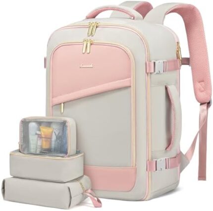 LOVEVOOK Travel Backpack for Women, 40L Carry on Backpack Fits 17 Inch Laptop, Airlines Approved Personal Item Bag, Waterproof Weekender College Business Bags with 3 Packing Cubes, Grey-Pink