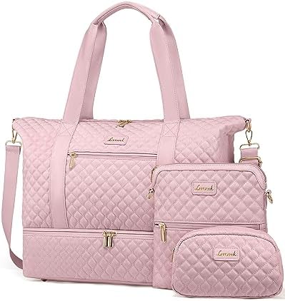 LOVEVOOK Weekender Bag for Women, Travel Duffle Bag with Shoe Compartment, Gym Duffel Bag with Cross-body Bag Carry-on Tote Bag for Airplanes Traveling Weekend, Hospital Bags for Labor and Delivery 3Pcs Set
