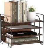 LUCYCAZ Wood File Organizer, 4 Tier Desk Organizers and Accessories, Metal Paper Tray Organizer for Desk, Letter Tray Magazine Holder for Office Home School, Black