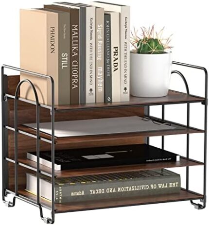 LUCYCAZ Wood File Organizer, 4 Tier Desk Organizers and Accessories, Metal Paper Tray Organizer for Desk, Letter Tray Magazine Holder for Office Home School, Black