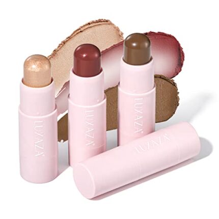 LUXAZA 3PCS Cream Blush Stick + Highlighter Bronzer / Contour Stick, Complete Face Make up Kit Sticks Trio Wand, Lightweight Dewy Finish for Girls and Women, Highlight ( Pearl ) #04 Matte #03 #02