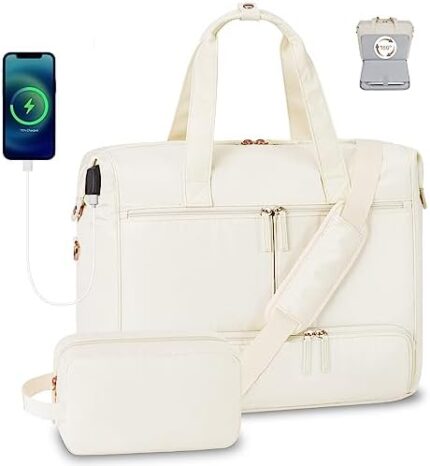 LYAUK Travel Bag with 15.6 inch Laptop Compartment, Weekender Bag Women with Shoe Compartment & USB Charging Port & Toiletry Bag, Carry on Duffel Bag for Travel, Business, Work, Trips (Beige)