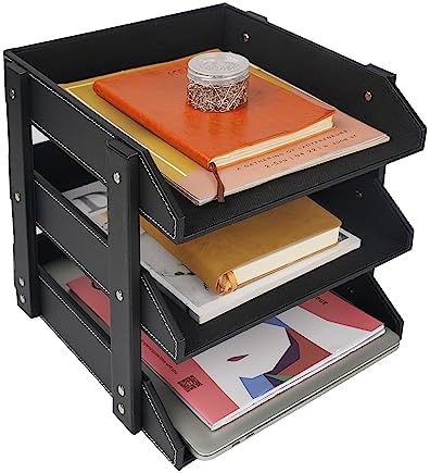 Leather Desk File Organizer DeskHive 3 Tier Leather Tray for Organizing Table, Desktop Supplies Holder Stand, Stackable Organizer, Document Folder Paper & Magazine Storage, Tray for Office Items Black