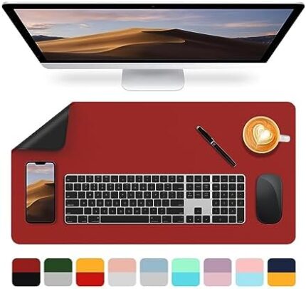 Leather Desk Pad Protector,PU Leather Dual Side Large Mouse Pad, Non-Slip and Waterproof Writing Mat 31.5" x 15.7", Laptop Desk Table Protector for Office Work and Home Decoration (Red + Black)