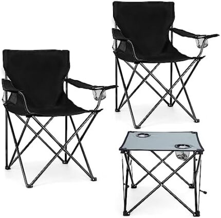 Leonyo 2 Pcs Camping Chairs with Table, Folding Chairs for Outside & Portable Camping Table, Oversized Heavy Duty Foldable Chair for Adults Fishing, Picnic, Hiking, Sports, Lawn, Travel - Black