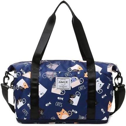 Lightweight Expandable Travel Duffle Bag Weekender Carry on Overnight Bag with Dry and Wet Separation Sports Tote Gym Bag Shoulder Bag for Women Waterproof (M-Blue Cats)