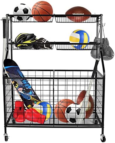 Lineslife Garage Sports Equipment Organizer with Baskets and Hooks, Ball Storage Rack on Wheels, Sports Ball Gear Rack for School, Gym, Playground, Black