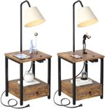 LityMax Bedside Nightstand with Lamp Attached, Rustic End Table with Drawer, USB Port and AC Outlet, Floor Lamp with Table, Side Table with Reading Light for Bedroom Living Room, Bulb Included, 2 Pack
