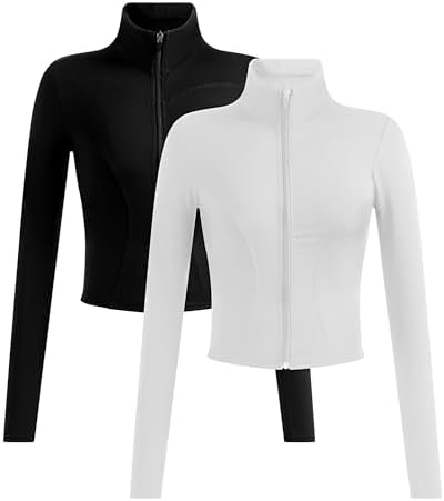 Locoowai 2 Pack Women's Workout Jackets, Long Sleeve Cropped Workout Tops Slim Fit Running Jacket Full Zip Athletic Jackets