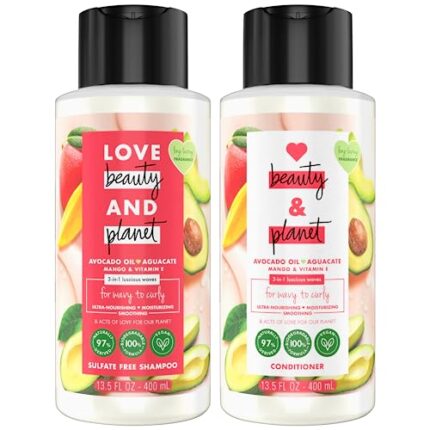 Love Beauty Planet Shampoo and Conditioner Set for Curly Hair - Avocado Oil & Aguacate Mango Hair Care, Sulfate-Free Shampoo and Conditioner, Curly Hair Products, 13.5 Oz (2 Piece Set)